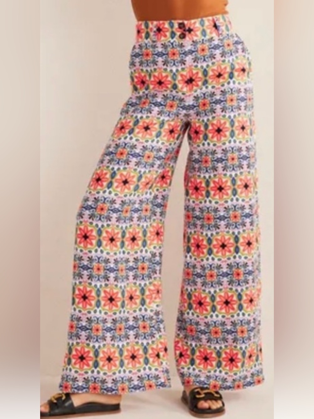 NWT Boden 100% Linen Wide Leg High Rise Palazzo Pant Fun Floral Print sz16/18